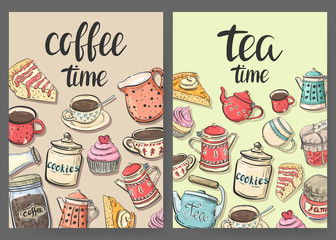 Tea Time / Coffee Time. Two flyers with cups, teapots and sweets