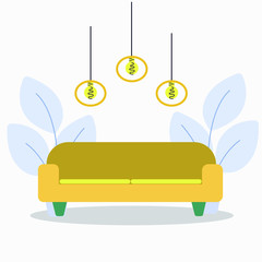 Sofa with modern lamps, interior item. Flat vector illustration.