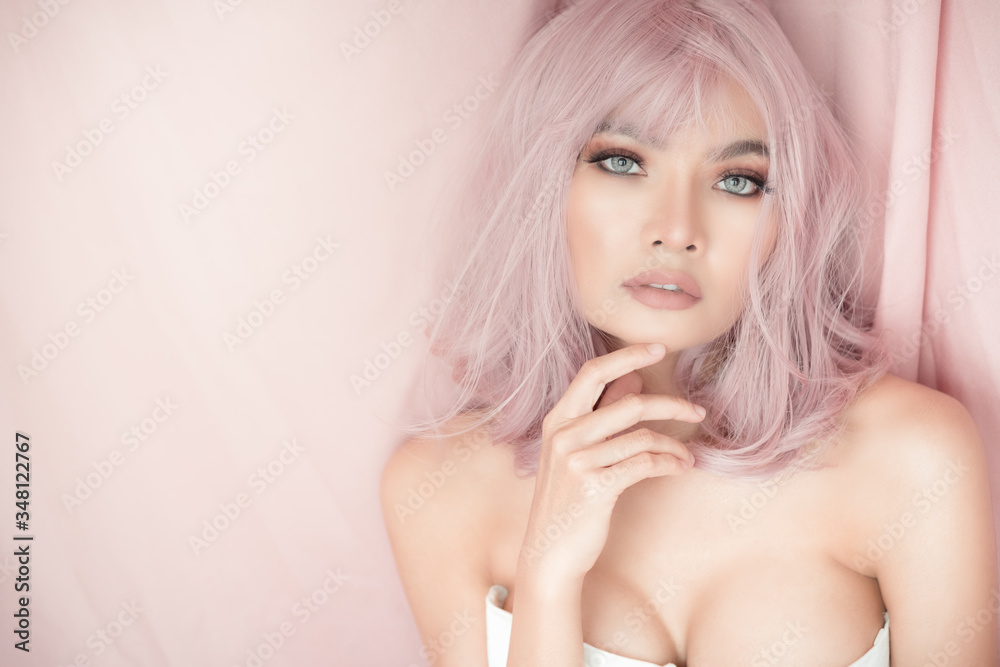 Wall mural portrait of beautiful asian sexy girl with short hair using as background woman sexy beauty fashion 