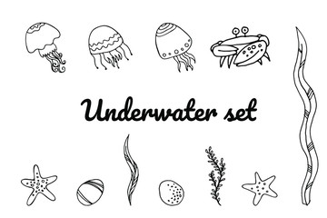 Сrab, jellyfish, starfish, stones, seaweed  doodle icon. Hand drawn line vector illustration isolated on blue background for logotype, infographic, website, menu or package design.