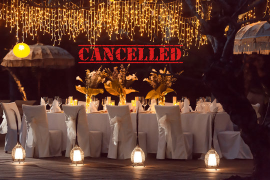 Cancelled Wedding Celebration Events Due To Coronavirus Outbreak. Ceremony And Reception Postponed Dye To Covid-19 Epidemic. Cancelled Stamp Text.