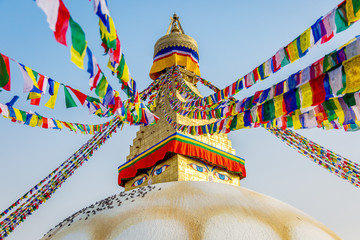 Boudhanath Stupa Kathmandu Nepal with Prayer Flags - obrazy, fototapety, plakaty