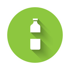 White Bottle of water icon isolated with long shadow. Soda aqua drink sign. Green circle button. Vector