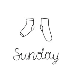 Vector illustration of pair of socks with lettering Sunday. Weekly socks. Different socks in pair.