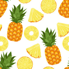 Pineapple seamless pattern. Tropical whole fruits and slices isolated on white background. Vector illustration of organic food in cartoon flat style.