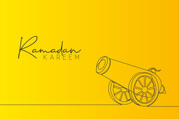 Ramadan Kareem greeting card, banner and poster design. One continuous line drawing of metal cannon ball aimed to the sky ready to shot with white background. Single line draw vector illustration