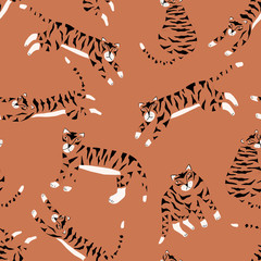 Summer seamless pattern with tigers. Vector exotic illustration