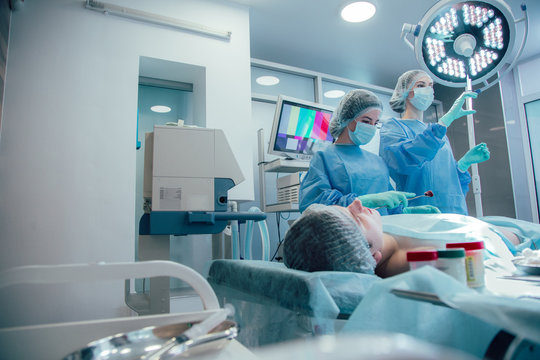 Surgical operation in modern hospital stock photo