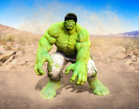 The incredible Hulk battle ready in a desert
