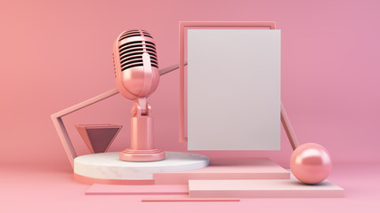 White poster and microphone 3d rendering