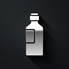 Silver Bottle of water icon isolated on black background. Soda aqua drink sign. Long shadow style. Vector