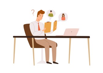 Confused male recruit choosing between two resume applicant vector flat illustration. HR manager sit at desk doubt to hire hold cv isolated on white. Head hunting, recruitment and candidate choice
