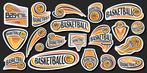Vector Set for Basketball, lot collection of 20 cut out illustrations of decorative basketball signs, group of many various sports logos with unique letters for word basketball on dark background.