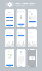 Wireframe UI kit for smartphone. Mobile App UX design. New OS sign up: registration form, input fields, phone number, numeric keypad, security code, passcode and success screens. - obrazy, fototapety, plakaty