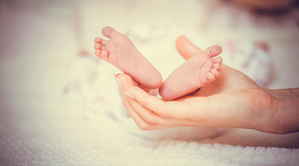 Obraz na płótnie Canvas Baby feet in mother hands. Newborn baby's feet on female shaped hands closeup. Mom and her child. New family concept. Beautiful conceptual image of Maternity.