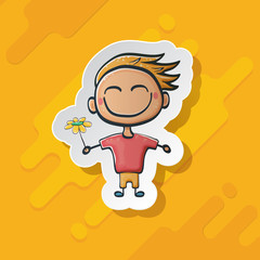 Cartoon cute funny boy isolated on orange background, Cartoon happy children with funny hair. 1 june international childrens day background with little smiling baby boy