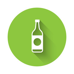 White Beer bottle icon isolated with long shadow. Green circle button. Vector