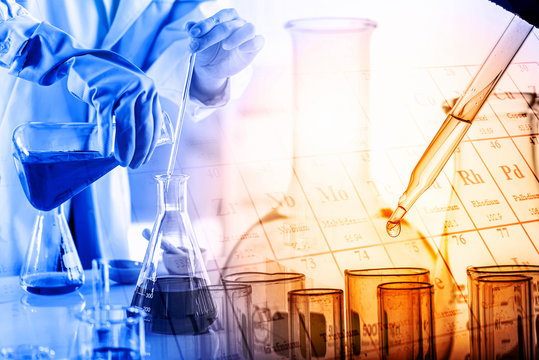 hand of scientist holding flask with lab glassware in chemical laboratory background, science laboratory research and development concept