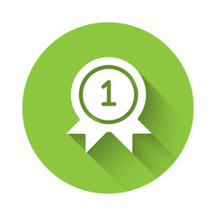 White Medal icon isolated with long shadow. Winner achievement sign. Award medal. Green circle button. Vector