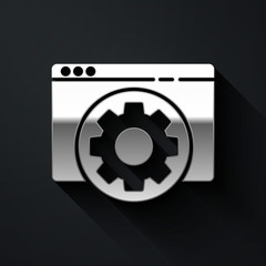 Silver Browser setting icon isolated on black background. Adjusting, service, maintenance, repair, fixing. Long shadow style. Vector