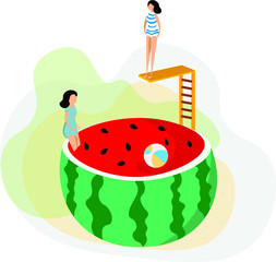 couple, friends, group, fashion, women, travel, vacation, beach, sea, summer, swim, pool, watermelon, illustration, cake, birthday, food, celebration, isolated, white, decoration, sweet, green, cartoo