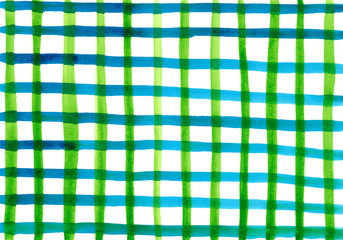 Green plaid fabric texture. Abstract background. Square cloth imitation. Kitchen tablecloth imitation, picnic spirit. Retro clothes. Hand painted watercolor wallpaper