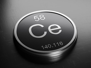 Cerium element from periodic table on futuristic round shiny metallic icon 3D render	