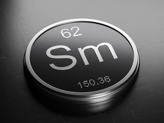 Samarium element from periodic table on futuristic round shiny metallic icon 3D render	