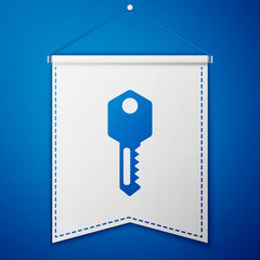 Blue House key icon isolated on blue background. White pennant template. Vector