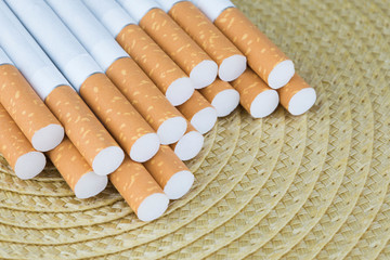 Macro shoot of cigarette filters. Heap of Tobacco Cigarettes.