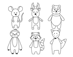 A set of simple silhouettes of cartoon animals, mouse, Fox, Panda, deer, sloth and raccoon. A primitive outline, a fun toy, a fantasy. Cute coloring book for small children, vector illustration.