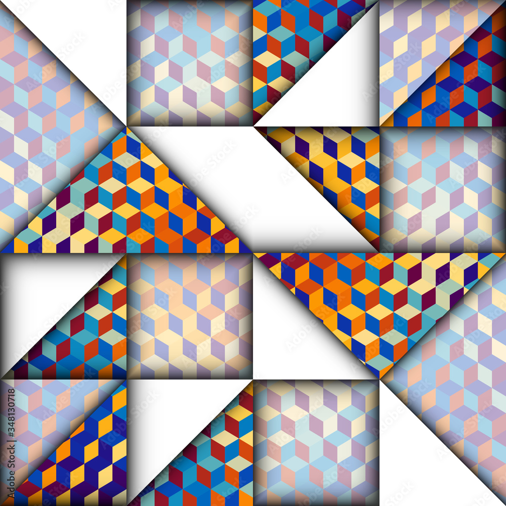 Leinwandbilder Paper cut shapes design pattern. Seamless vector geometric pattern. Patchwork block layered style.