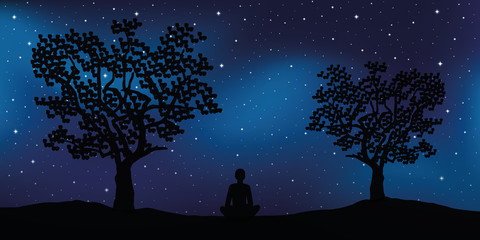 relaxing lonely person enjoy the starry sky in the nature between trees vector illustration EPS10