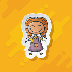 Cartoon cute funny little girl with pink dress isolated on orange background. Cartoon happy smiling girl children with funny hair. 1 june Childrens day background