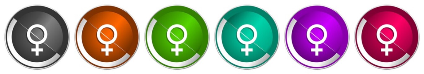 Female icon set, silver metallic chrome border vector web buttons in 6 colors options for webdesign
