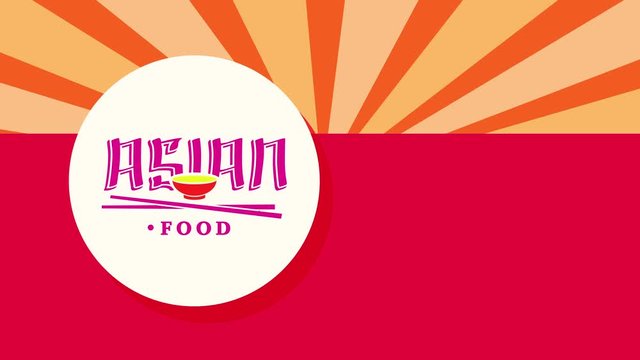 asiatic food idea on oval figure with miniature bowl and chopsticks layout over scene with gold sunshine and burgundy layers