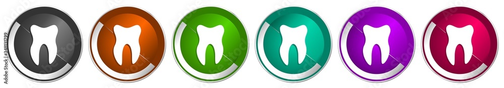 Fototapete Tooth icon set, silver metallic chrome border vector web buttons in 6 colors options for webdesign