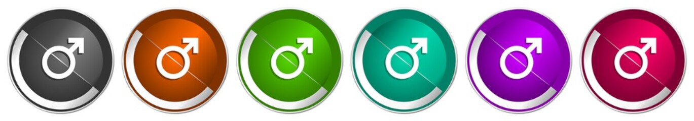 Male icon set, silver metallic chrome border vector web buttons in 6 colors options for webdesign