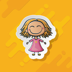 Cartoon cute funny little girl with pink dress isolated on orange background. Cartoon happy smiling girl children with funny hair. 1 june Childrens day background