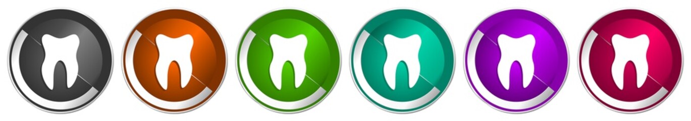 Tooth icon set, silver metallic chrome border vector web buttons in 6 colors options for webdesign