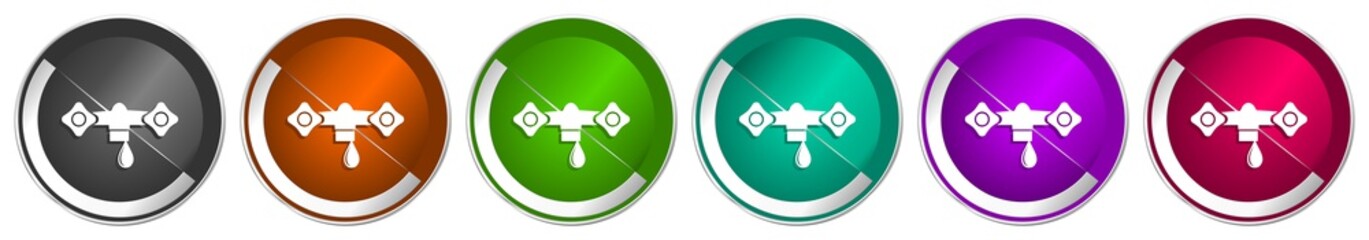 Water icon set, silver metallic chrome border vector web buttons in 6 colors options for webdesign