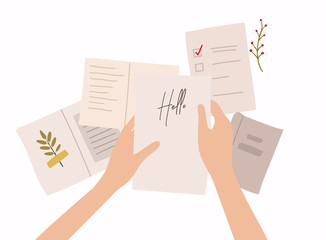 Hands holding paper sheet with handwritten text. Colorful vector illustration in flat style.