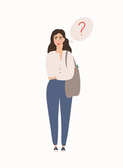 Woman is thinking about something. Cartoon character.Question bubble thinking.