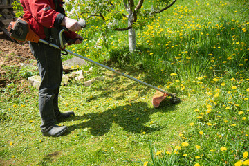 Man mows grass with a gasoline scythe