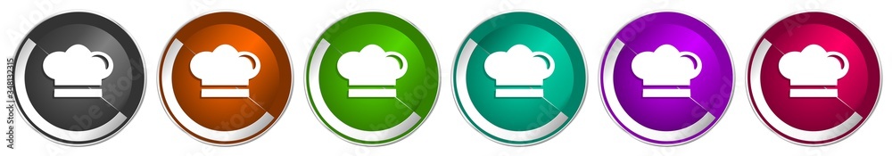 Poster Cook icon set, silver metallic chrome border vector web buttons in 6 colors options for webdesign