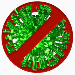 Stop the coronavirus, a 3d illustration with glowing green virus cell and sign