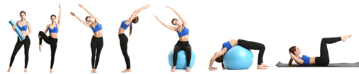 Fototapeta premium Set with sporty young woman on white background