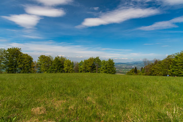 Godula hill in Moravskoslezske Beskydy mountains in Czech republic with meadow and trees around