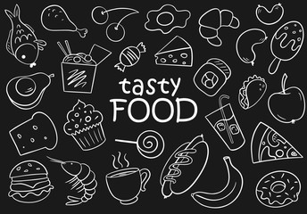 Black and white funny doodle cartoon background of tasty food with sushi, hotdog, banana, sausages, taco, cheese, bread, coffee, burger, croissant and others