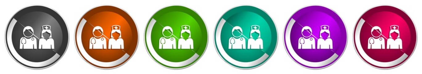 Doctor icon set, silver metallic chrome border vector web buttons in 6 colors options for webdesign